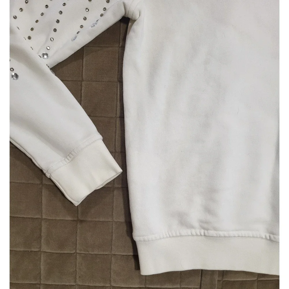 Gucci Distressed Logo Print Hoodie Ivory Size Medium W/Rhinestone Diamonds